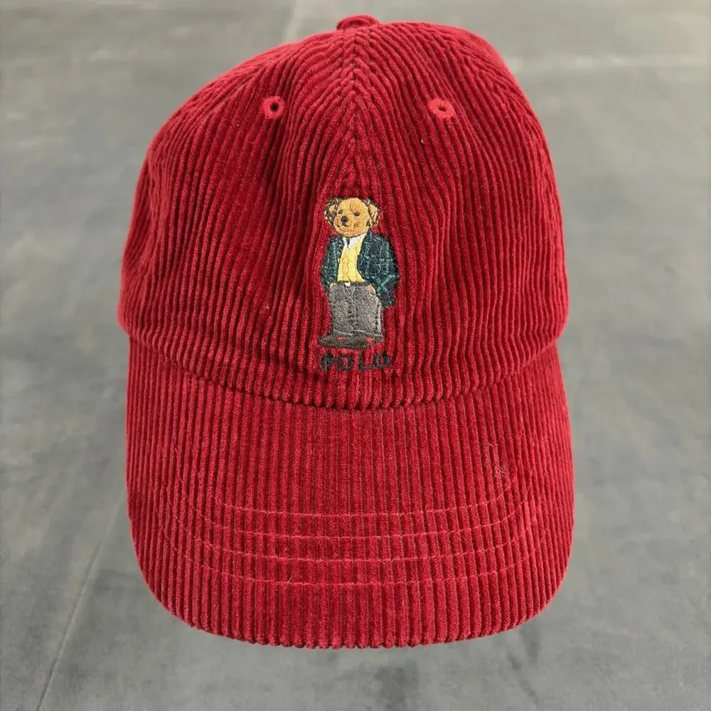 Polo Ralph Lauren Sport Jacket Bear 90s Cap Red Cord Vintage One Size Adjustable